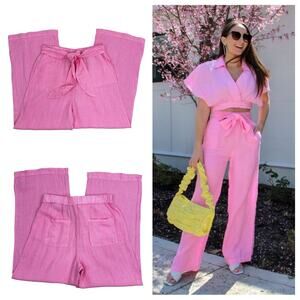 Zara Pink Linen Wide Leg Pants Size Large Tie Elastic Waist Pockets Pull On GUC